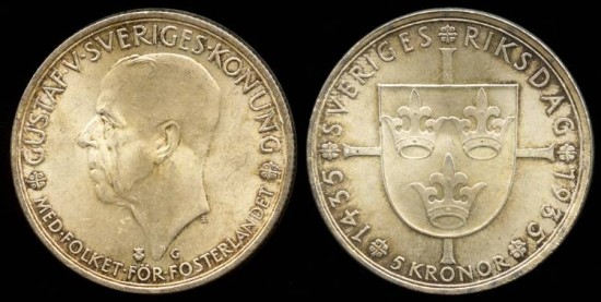 1935 G Sweden 5 Kronor - Gustaf V - 500th Anniversary Of Riksdag ...