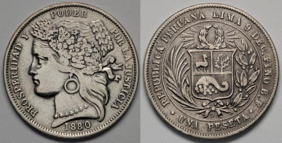 1880 BF Peru 1 Peseta (Dot after B) AU Silver | South American Coins