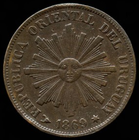 World Coins - 1869 H Uruguay 1 Centesimo AU