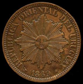 World Coins - 1869 H Uruguay 4 Centesimos AU