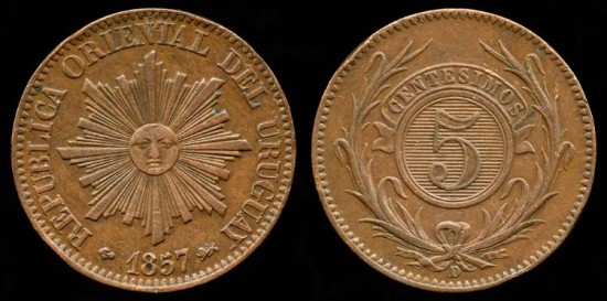World Coins - 1857 D Uruguay 5 Centimos AU