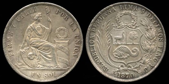 World Coins - 1870 YJ Peru 1 Sol AU