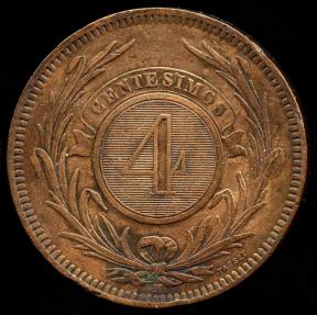 World Coins - 1869 H Uruguay 4 Centesimos AU