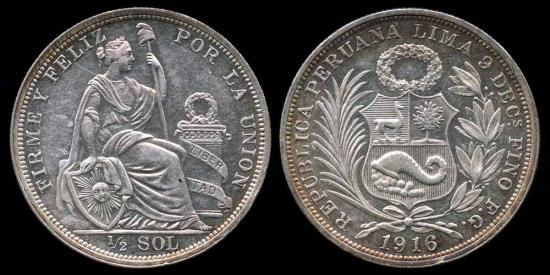 World Coins - 1916 FG Peru 1/2 Sol UNC