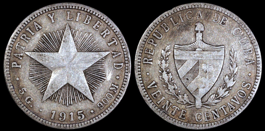 1915 Cuba 20 Centavos High Relief Star Coarse Reeding XF