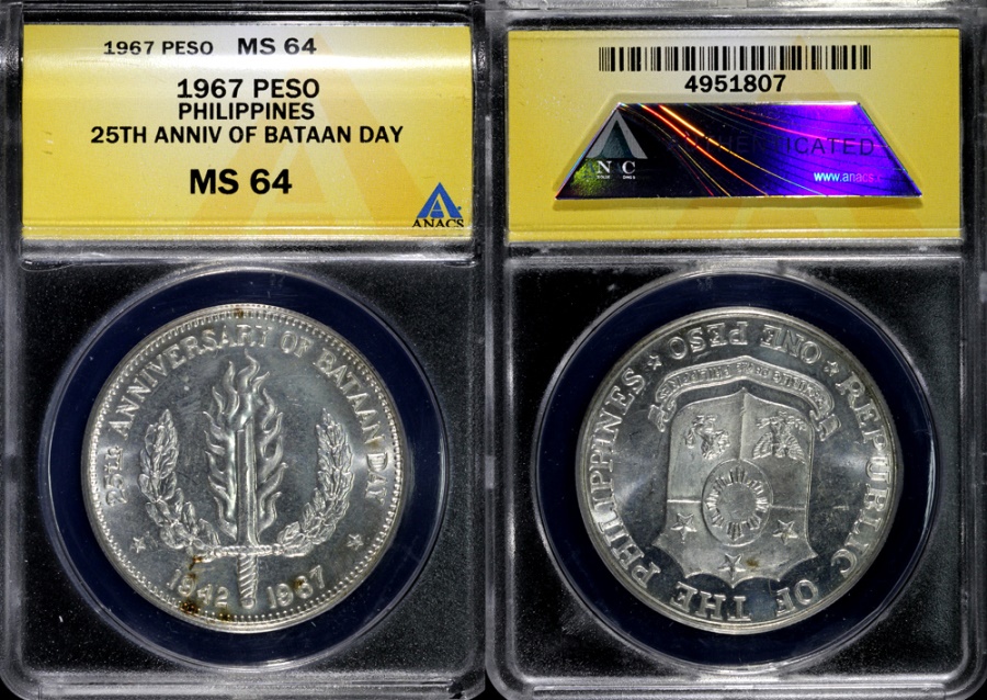 1967 Philippines 1 Peso - 25th Anniversary of Bataan Day Silver