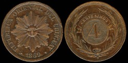 World Coins - 1869 H Uruguay 4 Centesimos AU