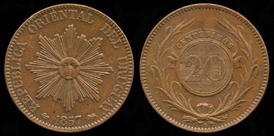 World Coins - 1857 D Uruguay 20 Centimos AU
