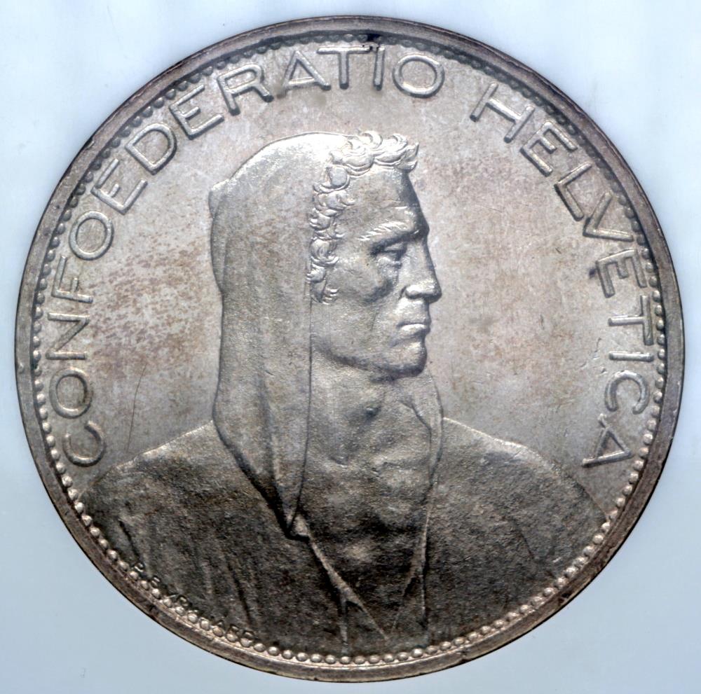 1925 B Switzerland 5 Francs - William Tell - NGC MS63 Silver