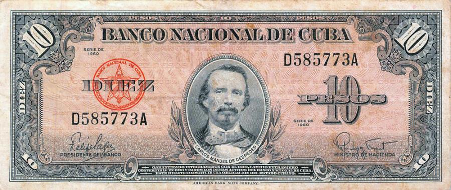 1956 CUBA 10 PESOS BANKNOTE VINTAGE NOTE - Carlos Manuel de