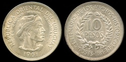 World Coins - 1961 (L) Uruguay 10 Pesos - Sesquicentennial of Revolution Against Spain - Silver Commemorative BU