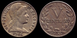 World Coins - 1946 Colombia 5 Centavo AU