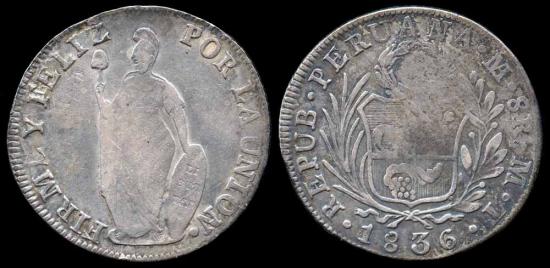 World Coins - 1836 MT Peru 8 Real VF