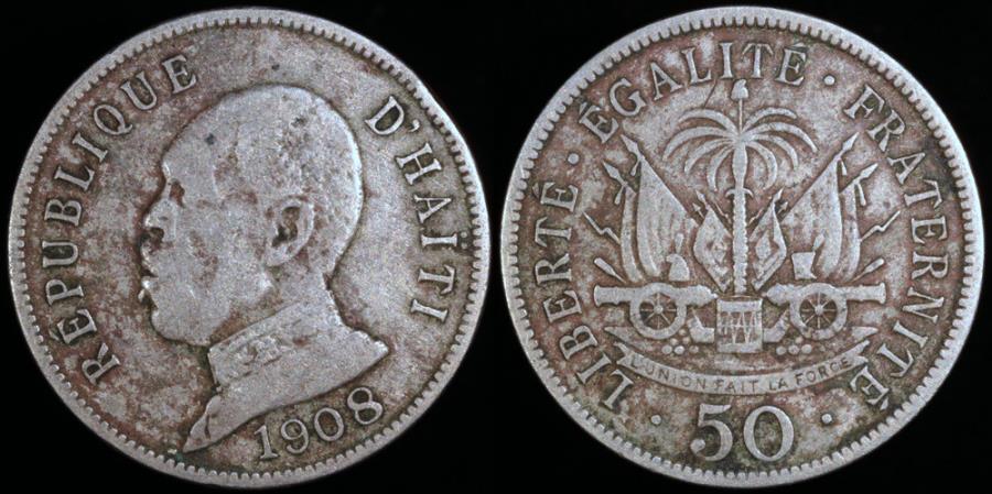 1908 Haiti 50 Centimes President Pierre Nord Alexis North & Central
