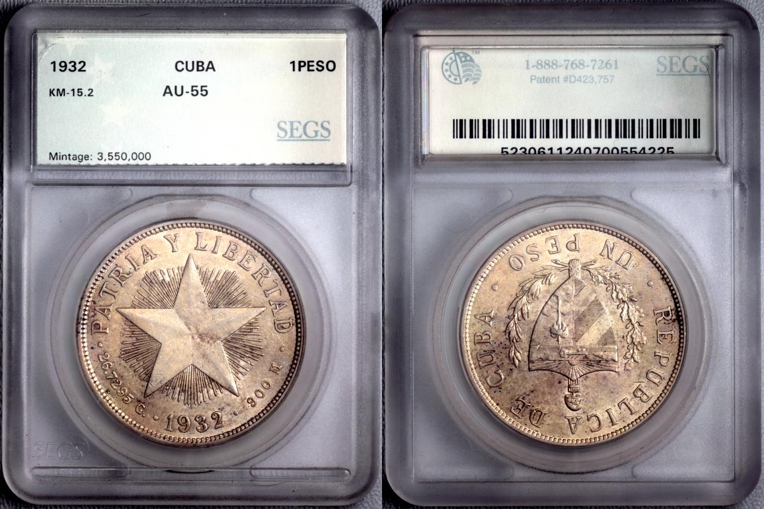 1932 Cuba 1 Peso – High Relief Star – 1st Republic – SEGS AU-55