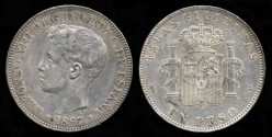 World Coins - 1897 SGV Philippines 1 Peso - Spanish Colony - Alfonso XIII - AU 