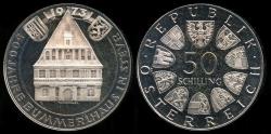 World Coins - 1973 Austria 50 Schilling "500th Anniversary - Bummerl House" Commemorative Silver Proof Cameo