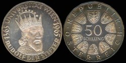 World Coins - 1965 Austria 50 Schilling - 600th Anniversary of Vienna University - (Only 37,000 Pieces were struck in Proof) -Proof Silver