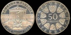 World Coins - 1968 Austria 50 Schilling - 50th Anniversary of the Republic - (Only 39,800 Pieces were struck in Proof) - Proof Silver