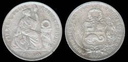 World Coins - 1865-55 Y.B Peru 1 Sol XF