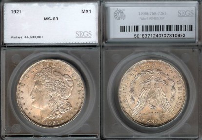 US Coins - 1921 Morgan Dollar SEGS MS63
