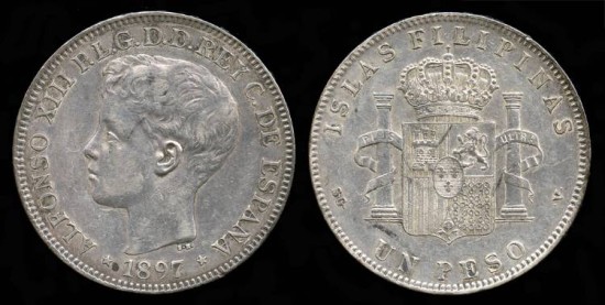 World Coins - 1897 SGV Philippines 1 Peso - Spanish Colony - Alfonso XIII - AU 
