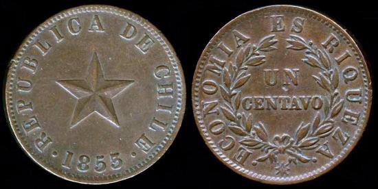 World Coins - 1853 Chile 1 Centavo AU