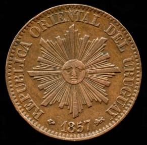 World Coins - 1857 D Uruguay 5 Centimos AU