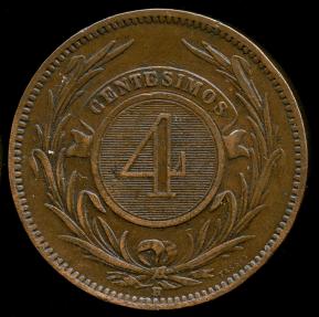World Coins - 1869 H Uruguay 4 Centesimos AU