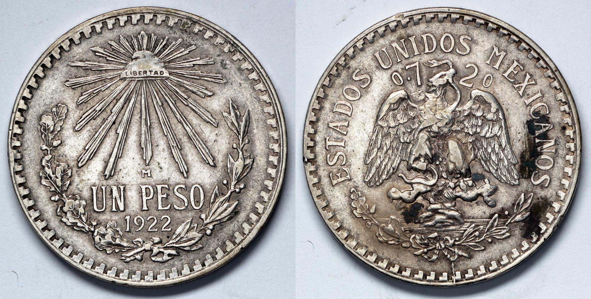 1922 M Mexico 1 Peso - United Mexican States - AU Silver | North