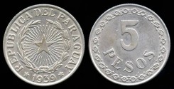 World Coins - 1939 Paraguay 5 Pesos UNC