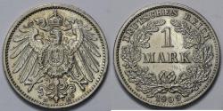 World Coins - 1909 D Germany 1 Mark - Empire - Wilhelm II - XF Silver