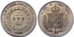 World Coins - 1860 Brazil 500 Reis - Petrus II - XF Silver