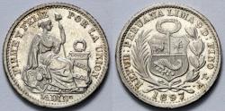 World Coins - 1897 JF Peru 1/2 Dinero - Seating Liberty - UNC Silver