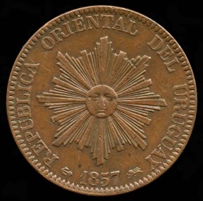 World Coins - 1857 D Uruguay 20 Centimos AU