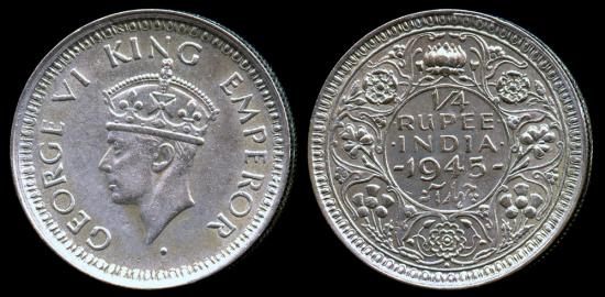 1947 BRITISH INDIA 1/4 RUPEE IN UNC CONDITION SEE PICTURES 