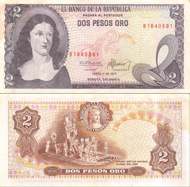 Colombia  CRISP  UNC Note 2 Pesos Oro July 1977 