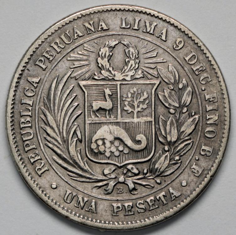 1880 BF Peru 1 Peseta (Dot after B) AU Silver | South American Coins