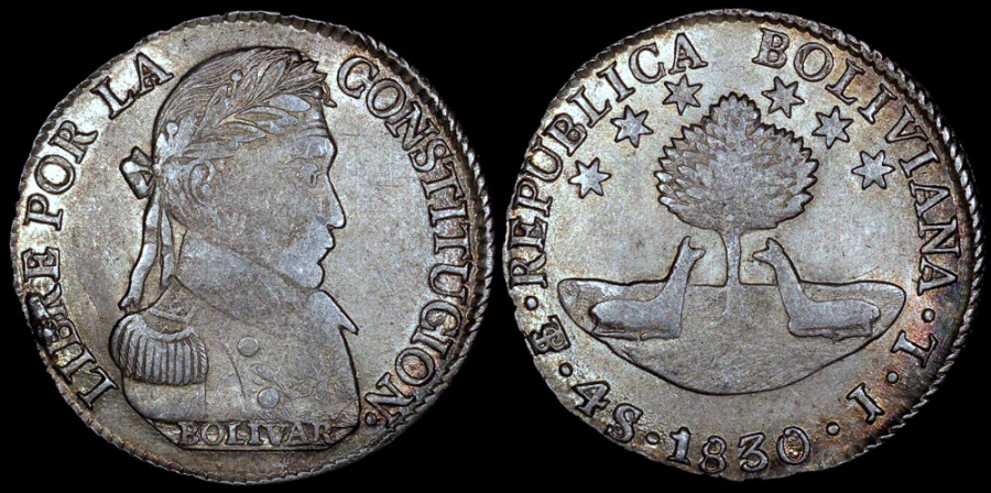 1830 PTS-JL Bolivia 4 Soles - Simon Bolivar - XF | South American