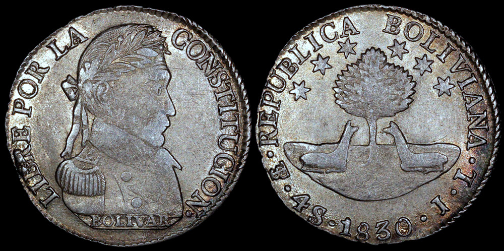 1830 PTS-JL Bolivia 4 Soles - Simon Bolivar - XF | South American