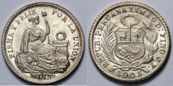 World Coins - 1903 JF Peru 1/2 Dinero - 1903/893 Overdate - BU Silver