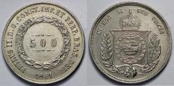 World Coins - 1861 Brazil 500 Reis - Petrus II - UNC Silver