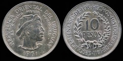 World Coins - 1961 (L) Uruguay 10 Pesos - Sesquicentennial of Revolution Against Spain - Silver Commemorative BU