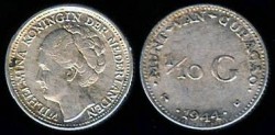 World Coins - 1944 D Curacao 1/10th Gulden AU