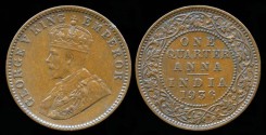 World Coins - 1936 C India (British) 1/4 Anna AU