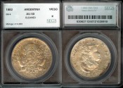 World Coins - 1882 Argentina 1 Peso - Capped Liberty Head - Republic Coinage - SEGS AU50 Silver