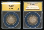 World Coins - 1877 A Uruguay 50 Centesimos ANACS AU58