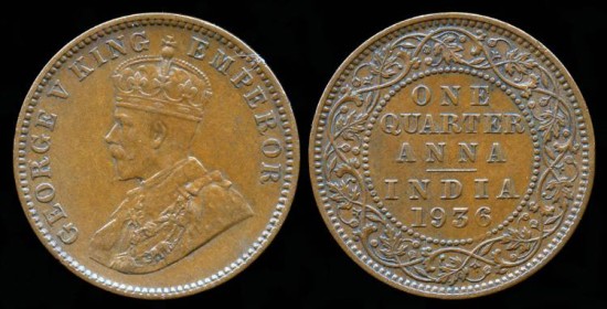 World Coins - 1936 C India (British) 1/4 Anna AU