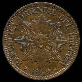 World Coins - 1869 H Uruguay 4 Centesimos UNC