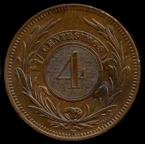 World Coins - 1869 H Uruguay 4 Centesimos UNC